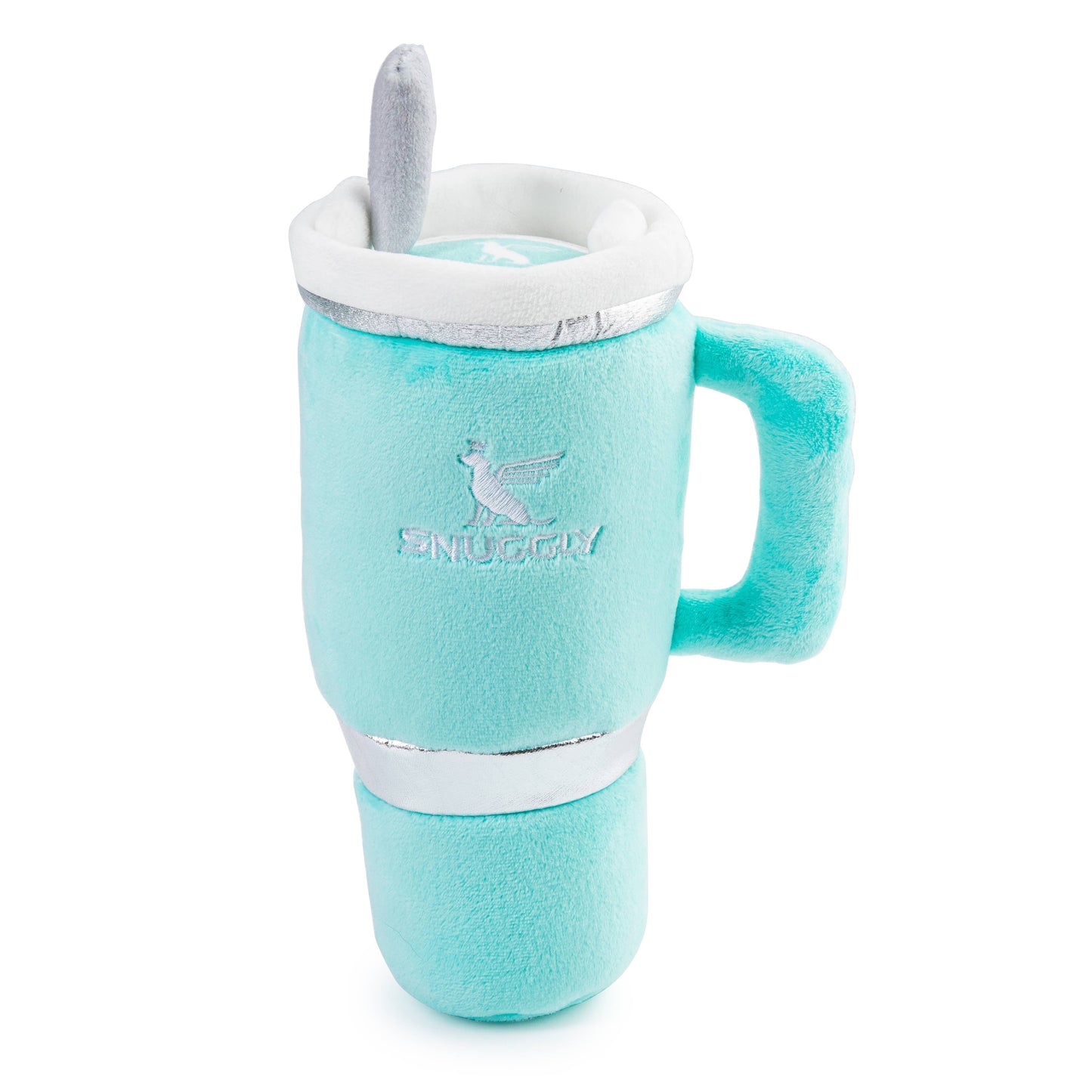 Introducing Haute Diggity Dogs Snuggly Cup - Teal, a plush toy styled as a light blue travel mug with handle and lid. It includes a squeaker, embroidered text, the Paws and Refresh logo, and a neutral stirrer for extra charm.