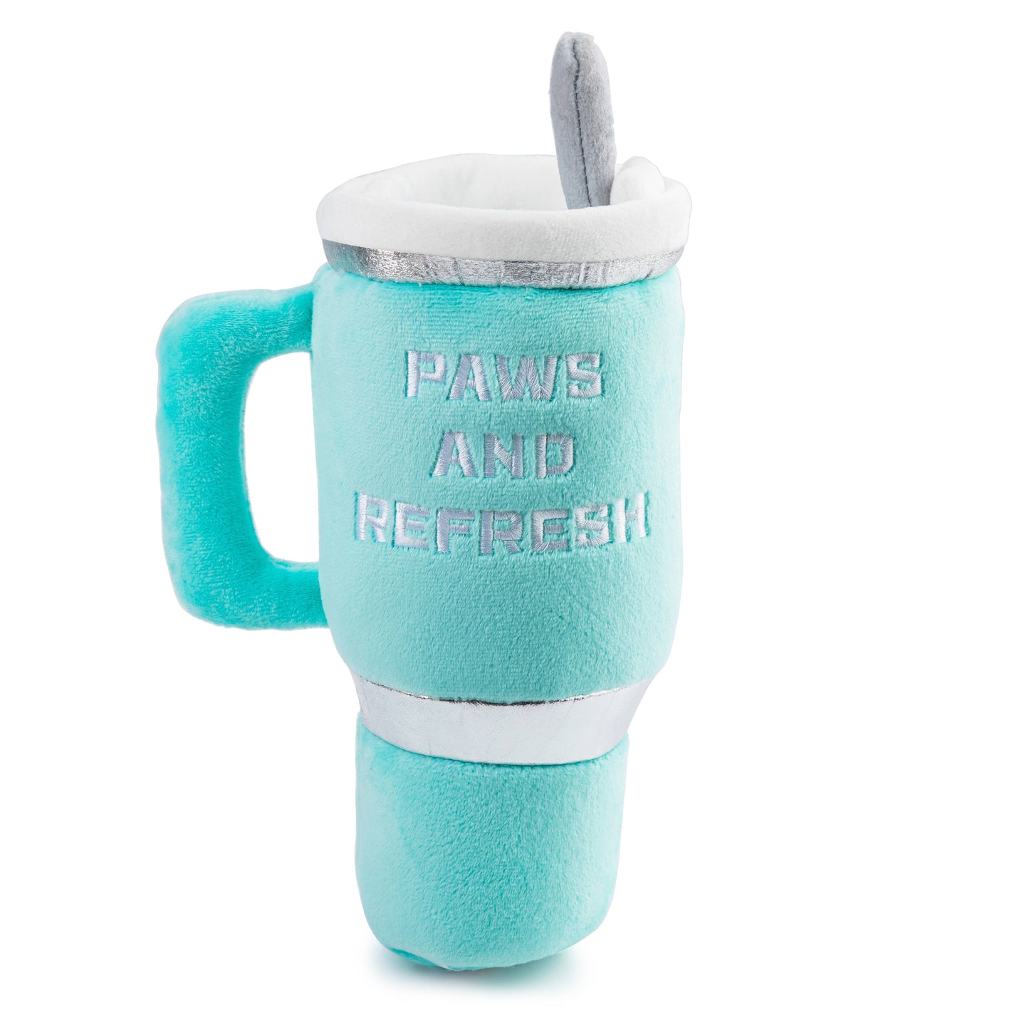 The Snuggly Cup - Teal by Haute Diggity Dog is a plush toy resembling a teal travel mug with a handle and straw. Featuring PAWS AND REFRESH in white embroidery, it offers a soft, fuzzy texture ideal for cuddles.