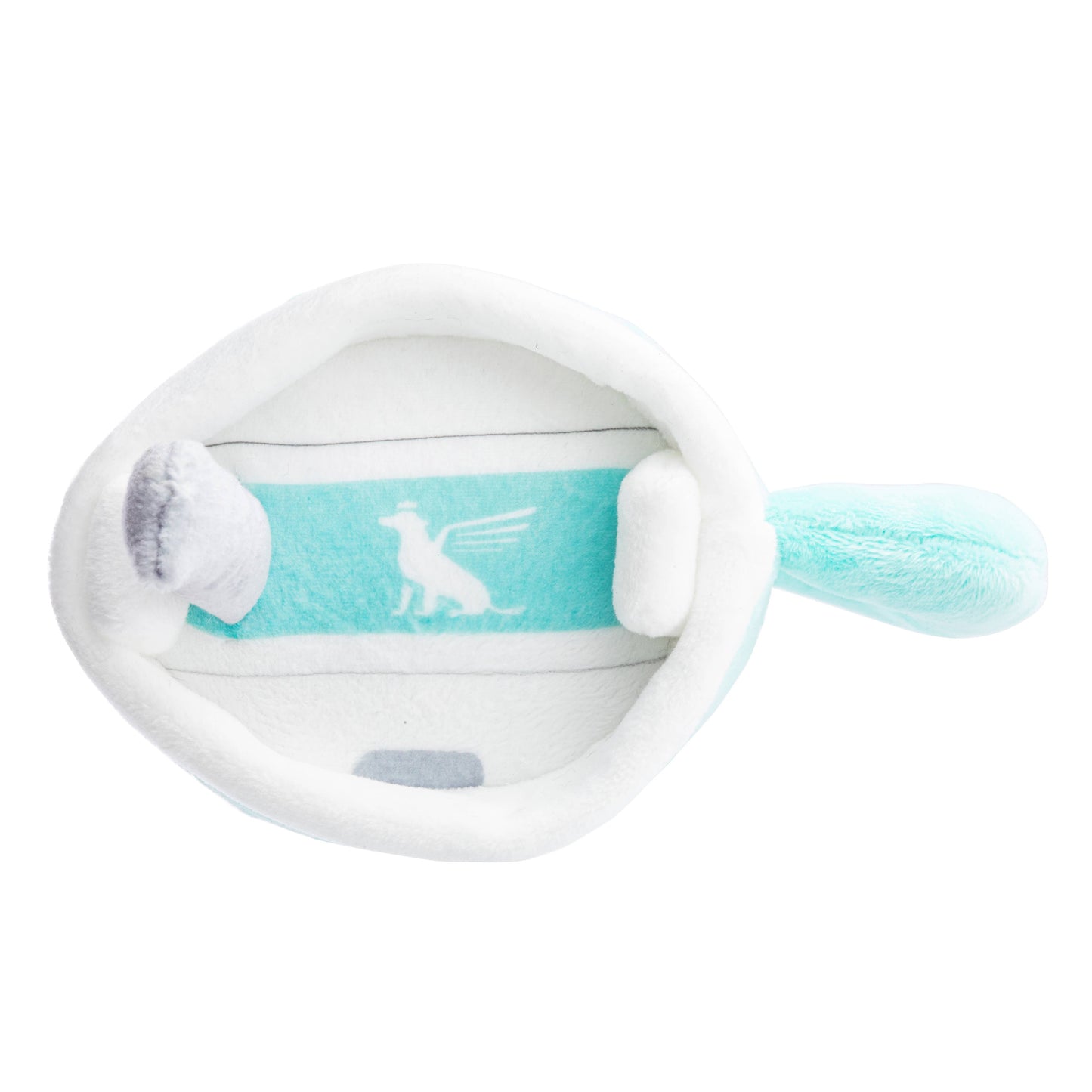 Top view of Haute Diggity Dogs Snuggly Cup - Teal, a plush mint-green and white airplane-shaped dog toy with a winged dog emblem. This squeaky tumbler is perfect for playtime and keeping your pup entertained.