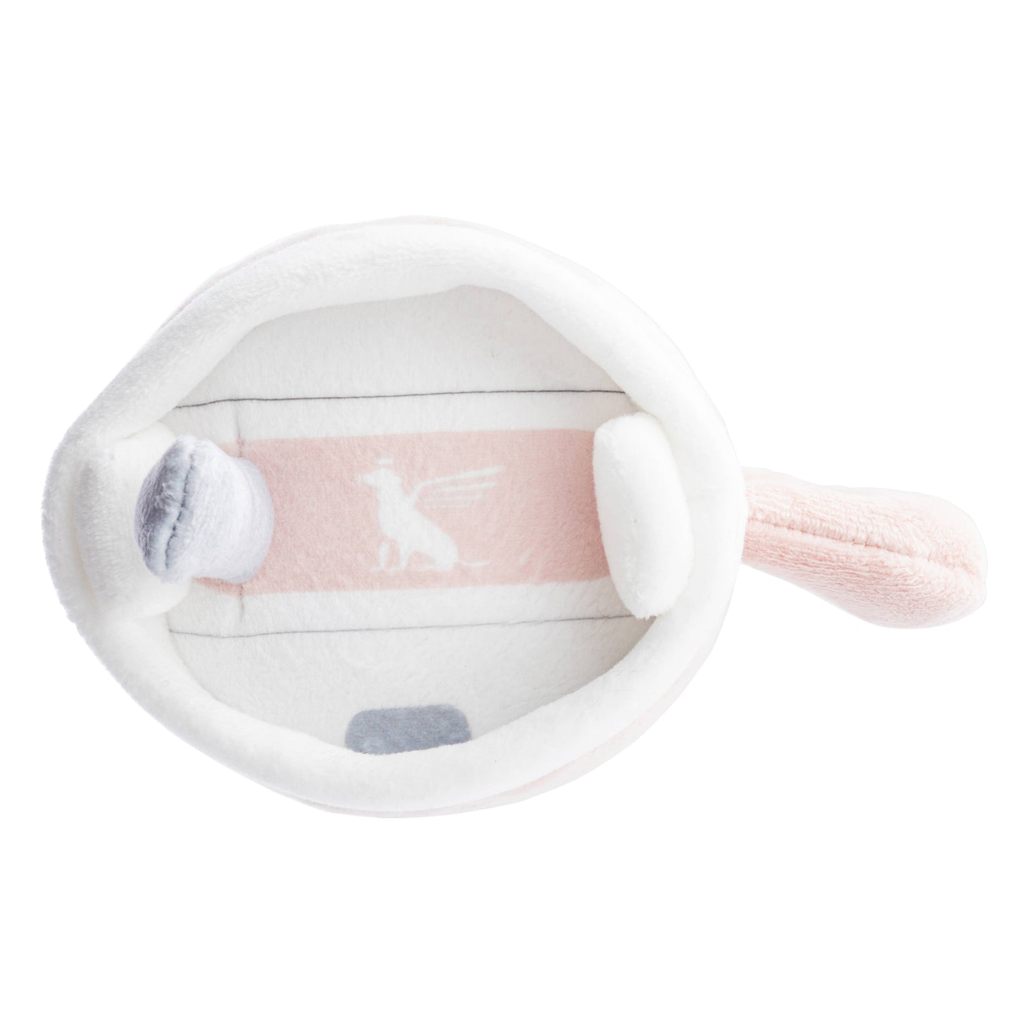 The Snuggly Cup - Blush by Haute Diggity Dog is a plush white and pink headband with ear coverings, featuring a charming winged animal design inside the band. Perfect for cozy canine playtime, it’s soft and fuzzy, ensuring warmth and comfort.
