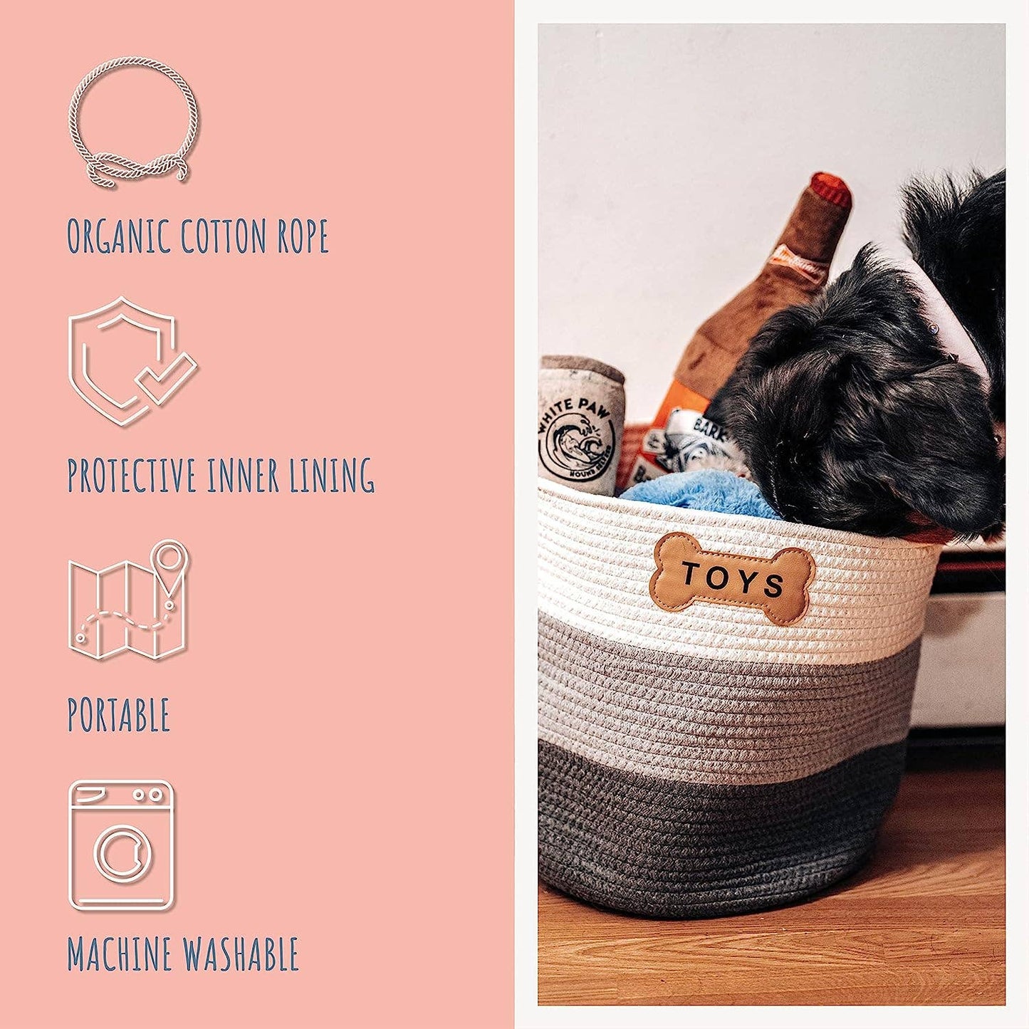 A black dog curiously sniffs inside a Livra Pet Toy Basket by Park Life Designs. Labeled Toys and filled with assorted items, it features natural organic cotton rope, a protective inner lining, portability, and is machine washable.