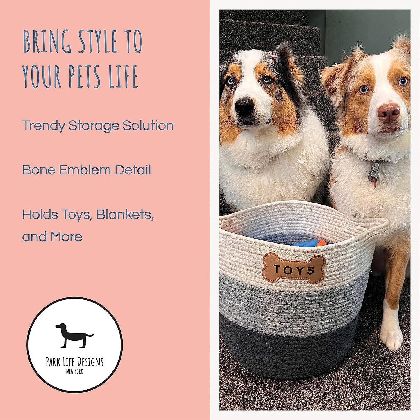 Two dogs sit beside the stylish Livra Pet Toy Basket, featuring stripes and a bone emblem that says TOYS. Its a trendy storage solution for toys, blankets, and more, crafted from natural organic cotton. The Park Life Designs logo is prominently visible.