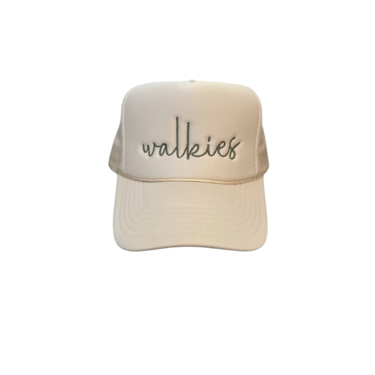 The Walkies Trucker Hat by Banks + Cove is a beige hat featuring walkies embroidered in cursive on the front, ideal for animal lovers, and set against a neutral background.