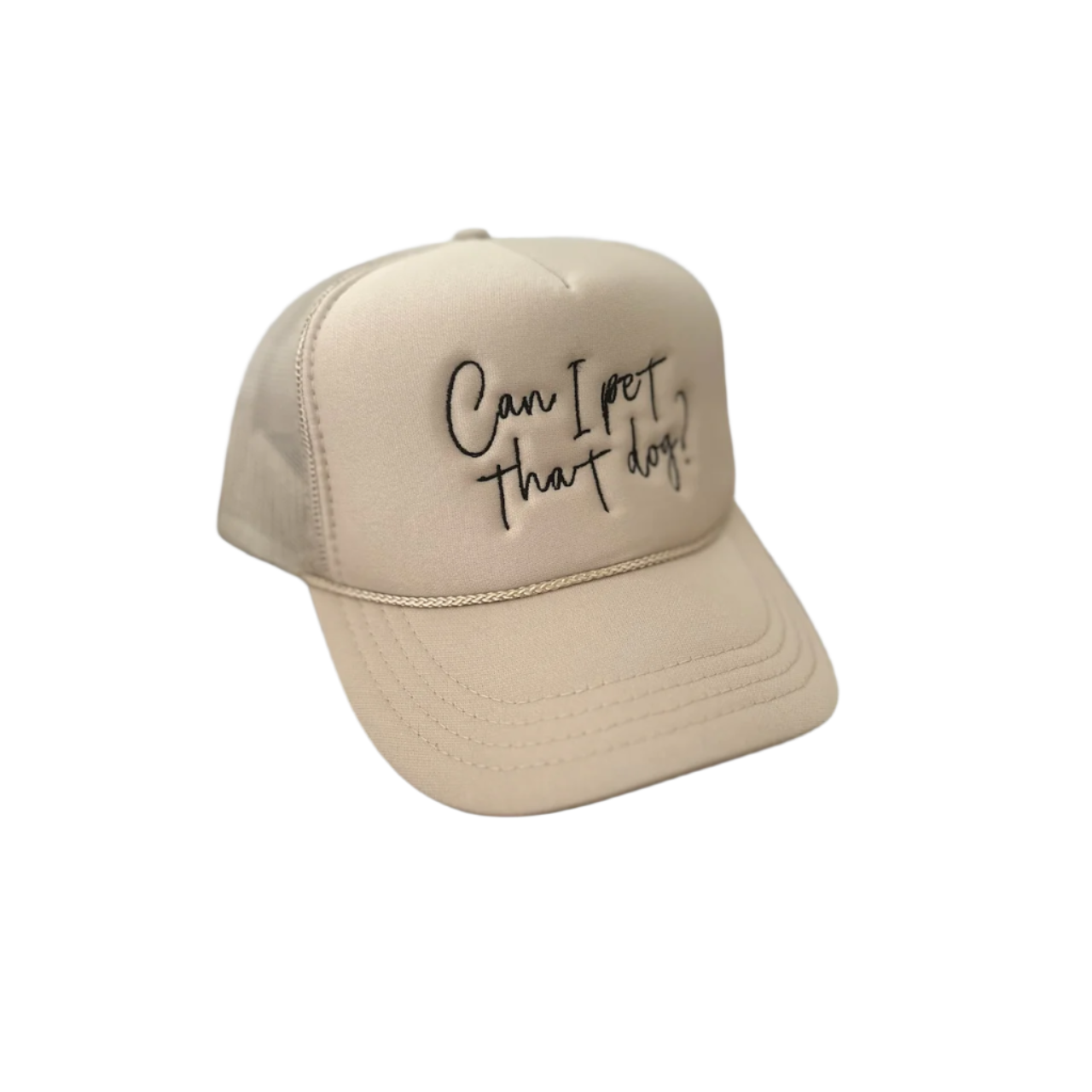 The beige Can I Pet That Dog? Youth Trucker Hat by Banks + Cove is ideal for animal lovers, featuring embroidered text, a stiff curved brim, and an adjustable back strap that combines style and charm.