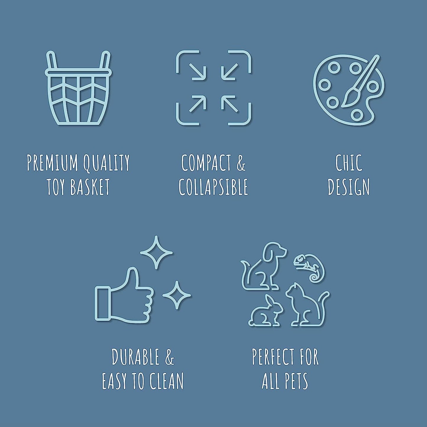 Features of the Livra Pet Toy Basket by Park Life Designs include premium quality, compact & collapsible design, chic style with natural organic cotton, and durability for easy cleaning. Ideal storage for pets. Icons: basket, arrows, palette, thumbs up & animals on a blue background.