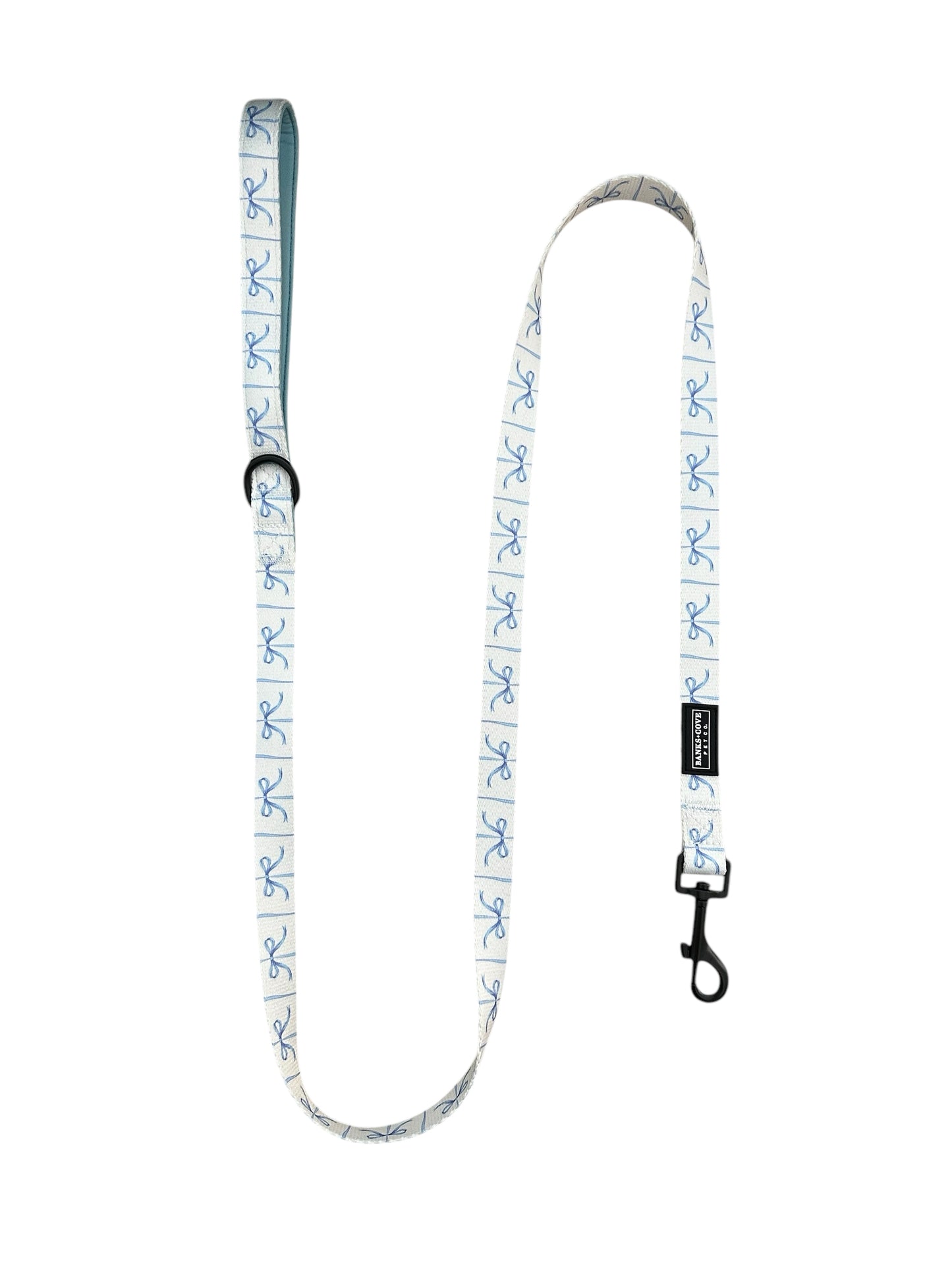 Introducing the Distinguished Gentlepup Dog Leash by Banks + Cove, featuring a white design with a blue octopus pattern. This stylish leash includes a black metal clasp and an adjustable loop handle, arranged elegantly in waves on a clean white background.