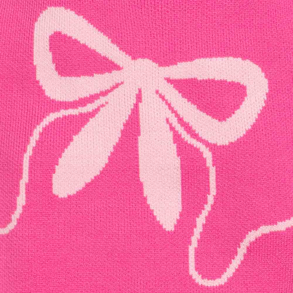 The Bowknot Dog Sweater by Fitwarm is crafted in pink fabric with a light pink bowknot pattern, featuring stylized loops and ribbon ends. Its whimsical design creates a delicate look on the textured surface, perfect for a cute sweater with a cozy circular neckline.