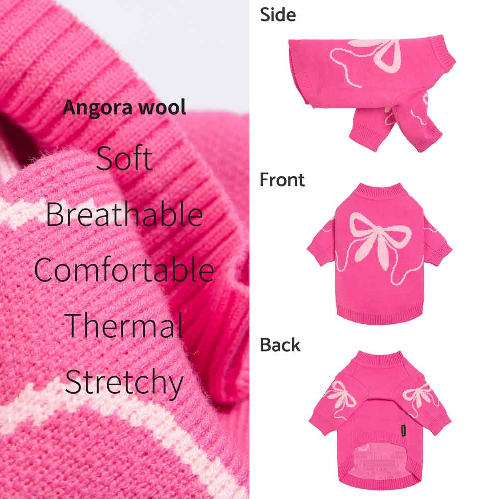 Fitwarms Bowknot Dog Sweater is a cute pink angora wool piece with side, front, and back views, featuring a large bowknot pattern. The text highlights its soft, breathable qualities with a cozy circular neckline thats both thermal and stretchy for comfort.