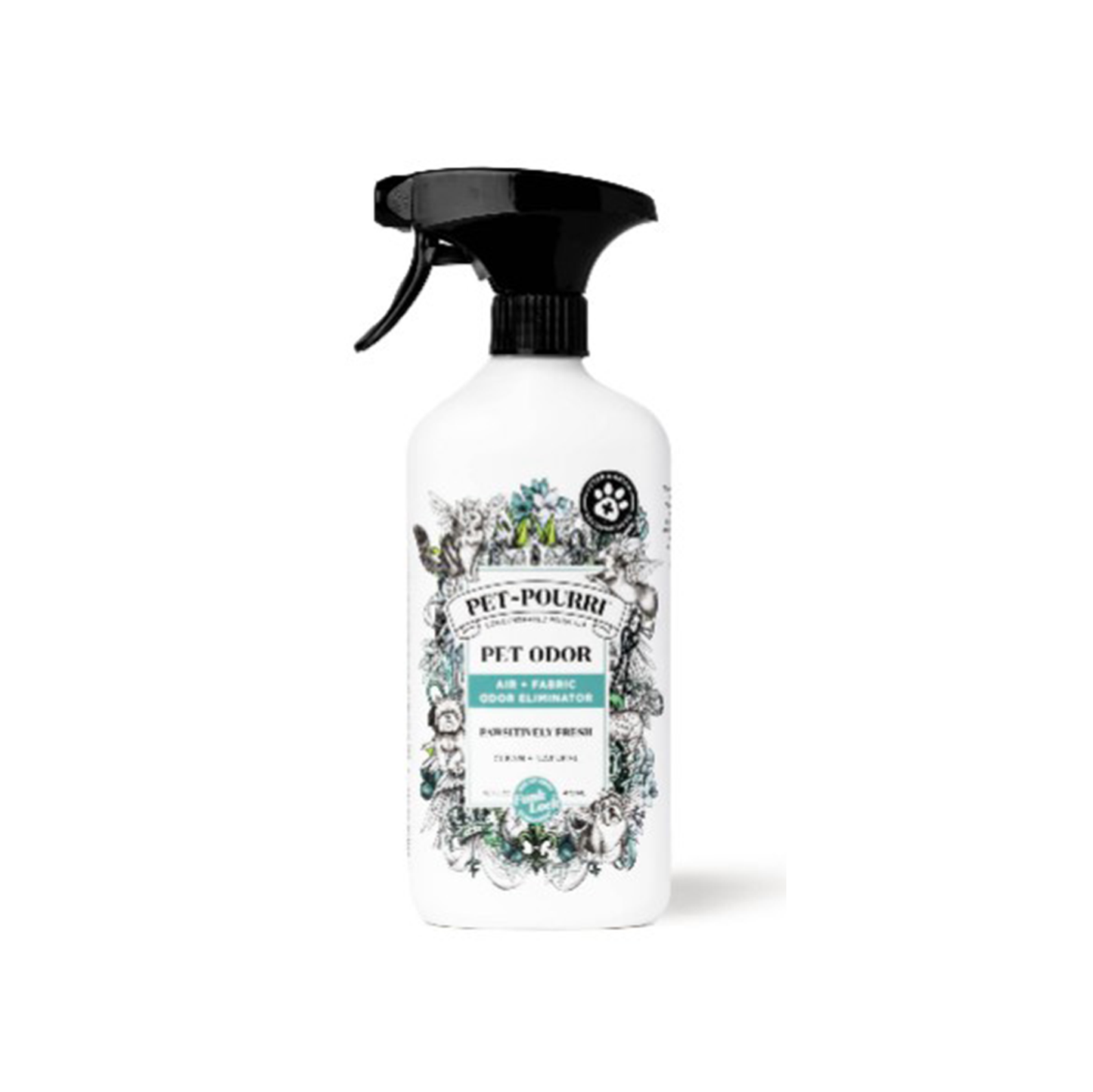 The Pet~Pourri Pawsitively Fresh Air+Fabric Odor Refresher by ~Pourri, offers a 16oz white spray bottle adorned with animal and plant drawings. Infused with pet-friendly essential oils, it neutralizes pet odors in air and on fabrics, providing fresh home ambiance. Complete with a black nozzle for effective application.