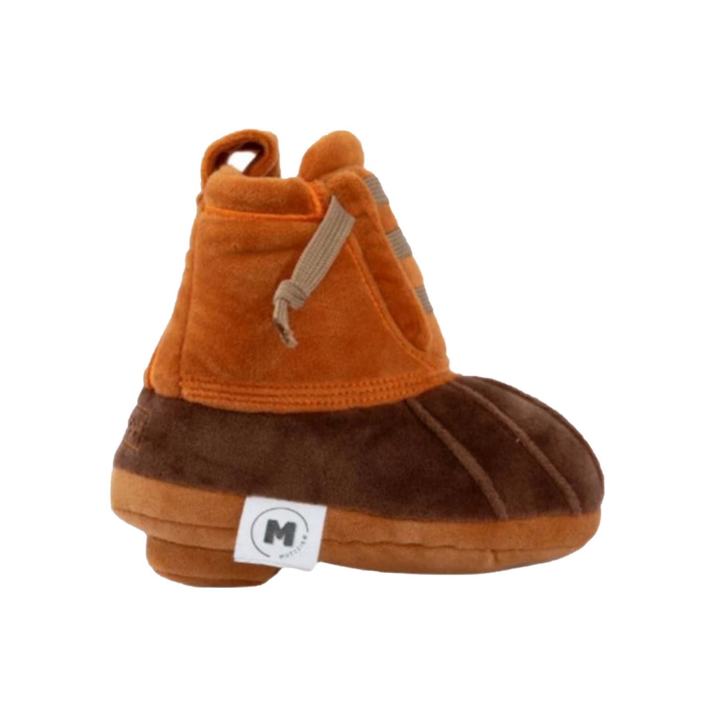 The LL Bark Boot Toy by Muttzie is a sturdy plush shaped like a boot, featuring brown soles, orange and brown fabric with an adventurous vibe. It has mock laces and a small white tag displaying the letter M.