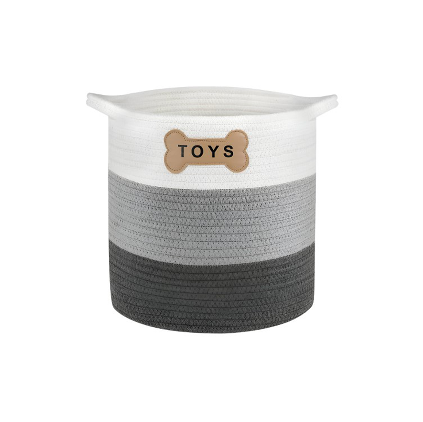 The Livra Pet Toy Basket by Park Life Designs is a round, woven basket made from natural organic cotton with a gradient from white to dark gray. It features a bone-shaped label with TOYS, providing an elegant storage solution for your pets toys.