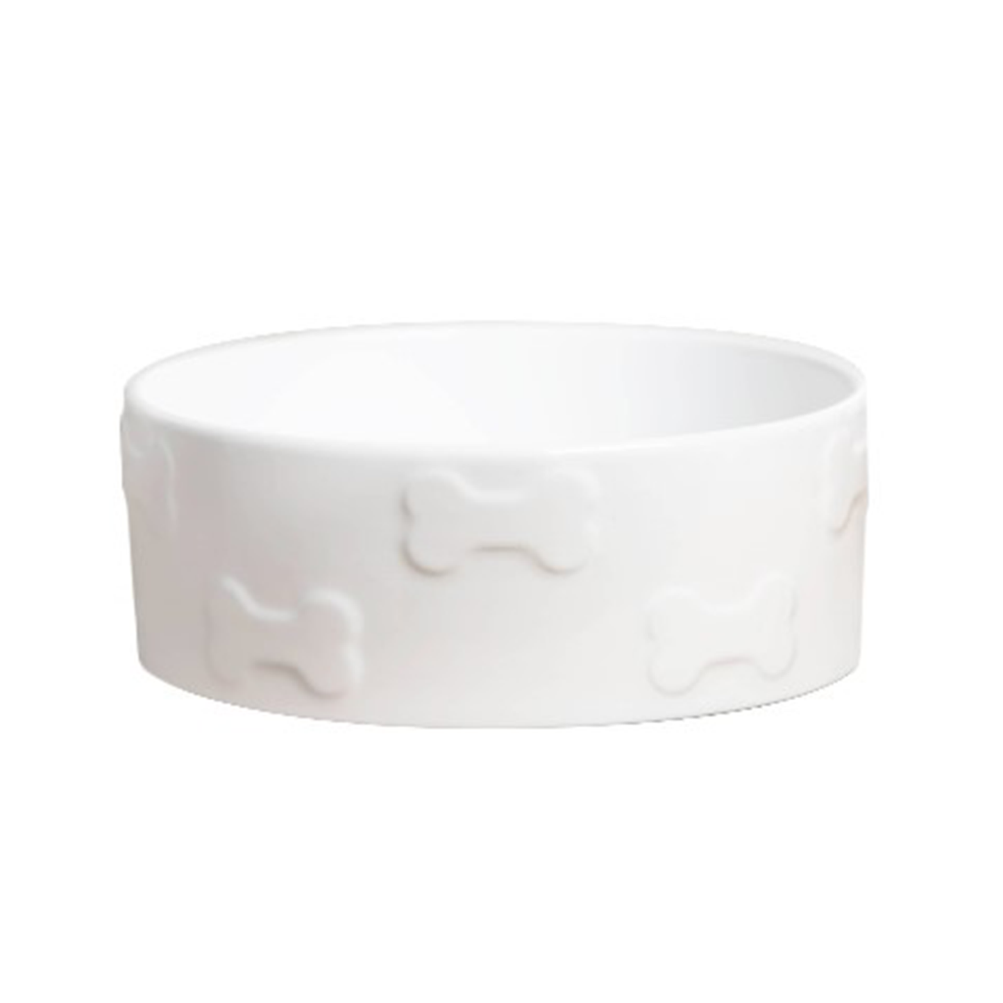 The Park Life Designs Manor White Pet Bowl, made from FDA-approved ceramic, features raised bone shapes on the exterior. This stylish pet bowl is dishwasher and microwave safe, offering elegance and practicality for your pets mealtime.