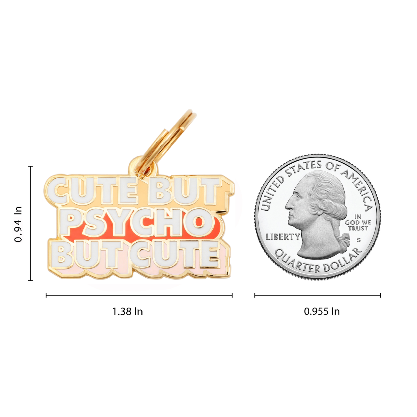 The Cute But Psycho Collar Charm by Two Tails Pet Company features a playful gold and orange design, labeled Cute But Psycho But Cute. It measures 1.38 inches wide and 0.94 inches tall, shown beside a U.S. quarter (0.955 inches diameter), making it a quirky dog accessory!.