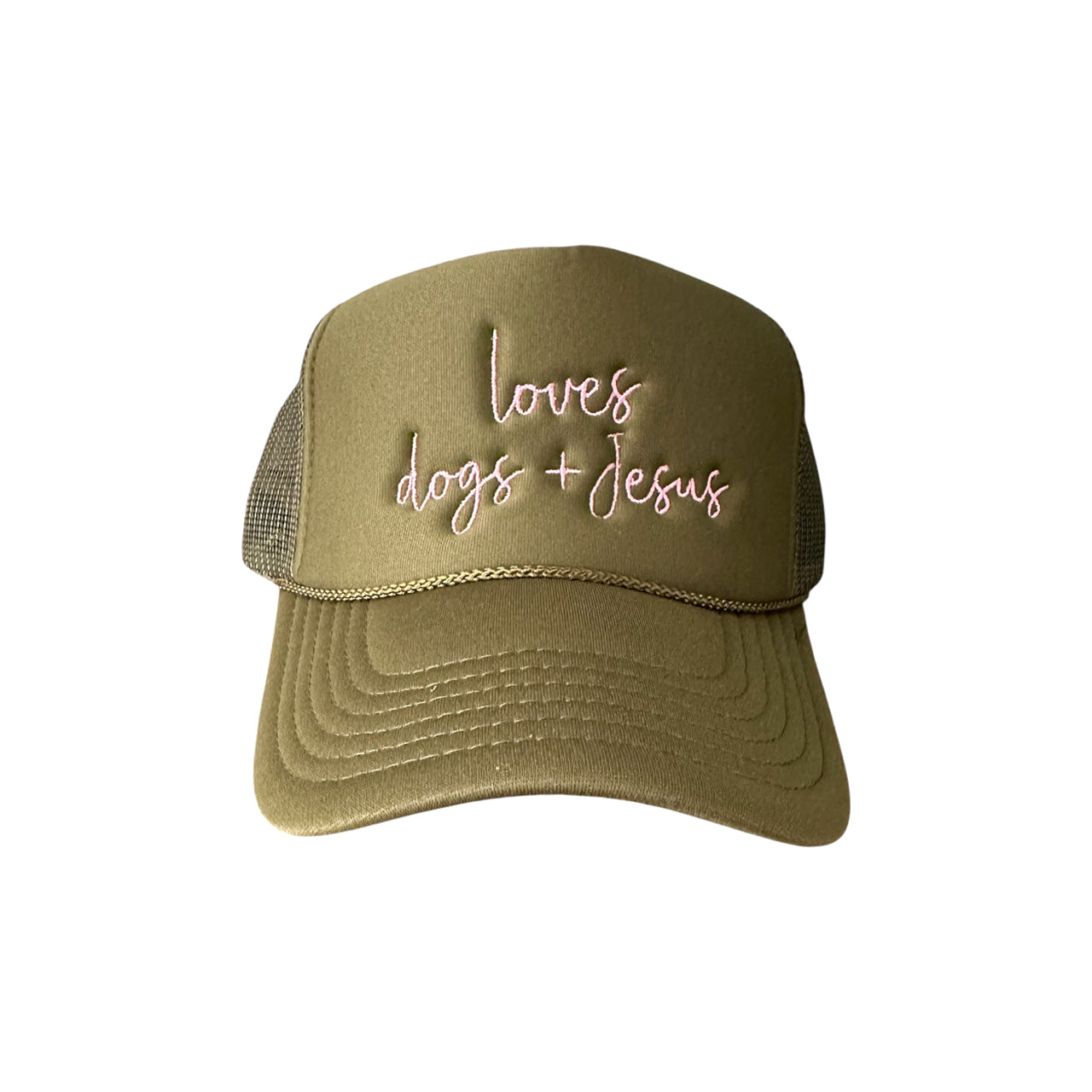 The Banks + Cove Loves Dogs + Jesus trucker hat is khaki green with white embroidery and features a mesh back and decorative brim rope, ideal for dog and faith lovers.