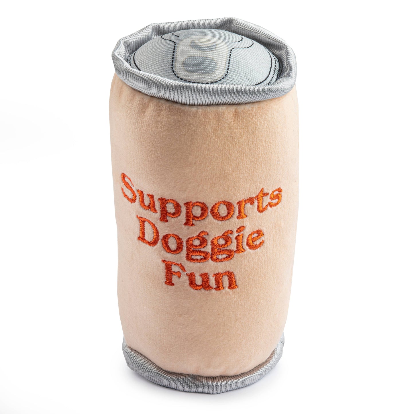 The Olipup - Pawberry Vanilla by Haute Diggity Dog is a plush toy shaped like a soda can, featuring Supports Doggie Fun in orange embroidery. It has a beige body with gray accents and is perfect for playful pups!.