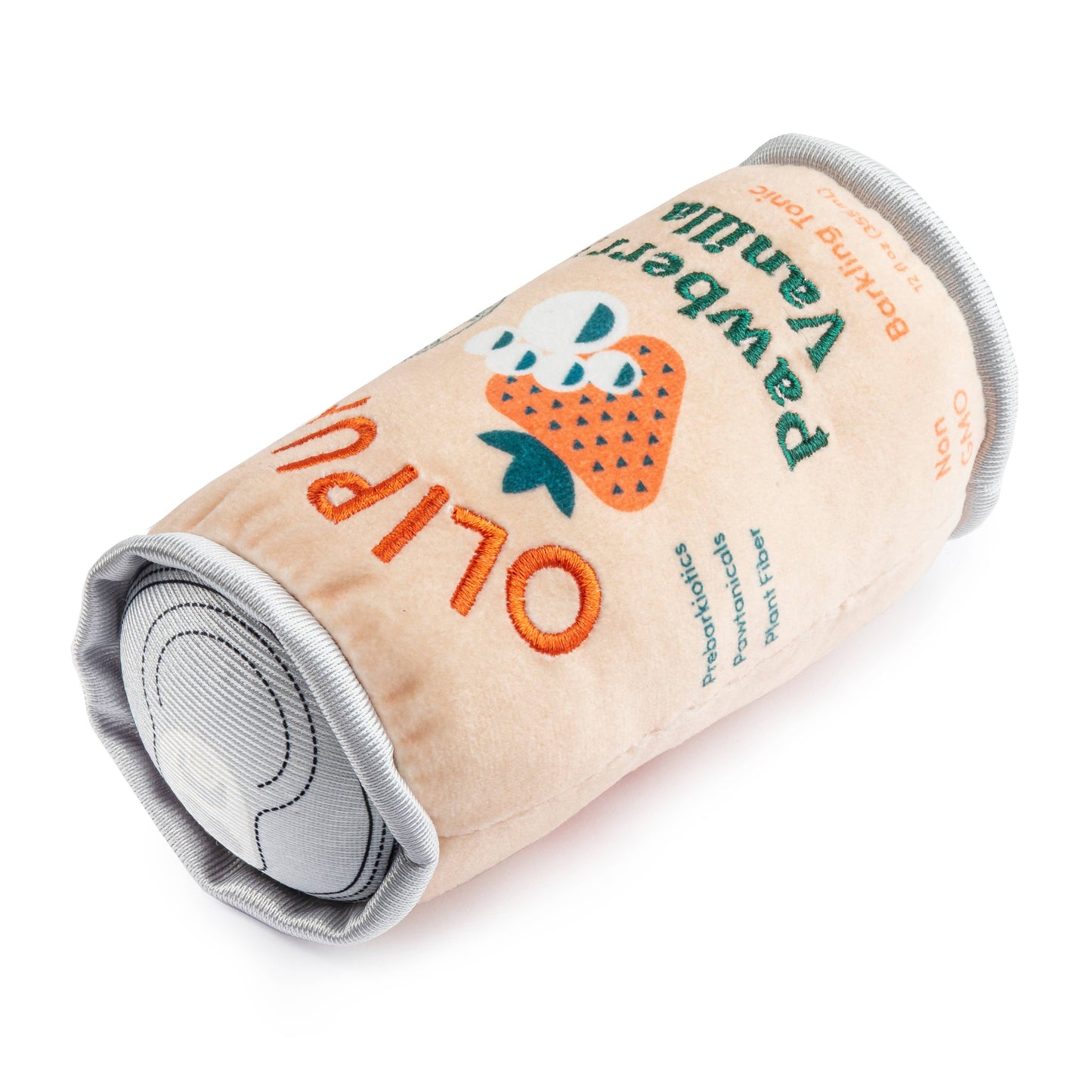 The Olipup - Pawberry Vanilla plush by Haute Diggity Dog resembles an orange can with strawberry and vanilla illustrations, featuring phrases like prebarkiotics and pawtanicals. It includes a realistic can lid design, adding a cute, quirky touch to any collection.