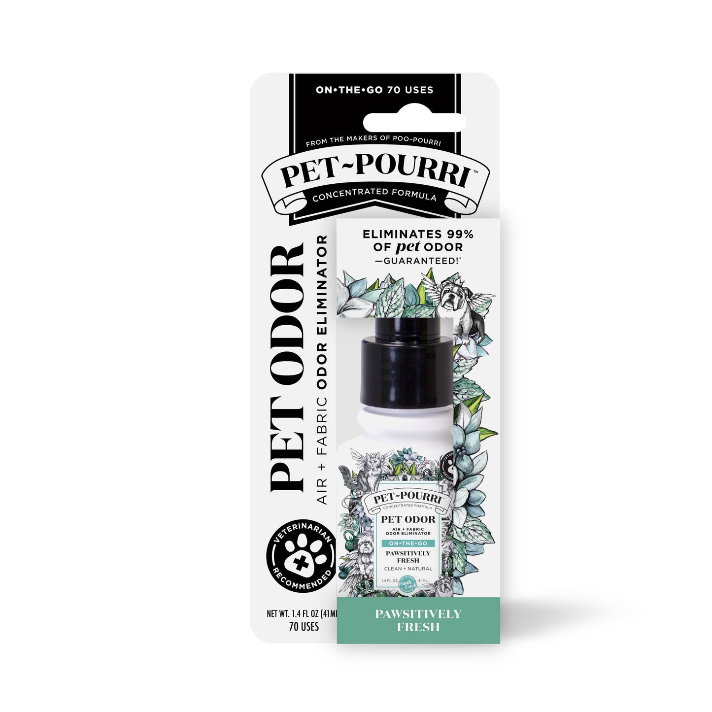 The Pet~Pourri Pawsitively Fresh Air+Fabric Odor Refresher by ~Pourri, in a 1.4 fl oz bottle for 70 uses, features a black and white floral label. It claims to eliminate 99% of pet odors with pet-safe essential oils and a Pawsitively Fresh scent.