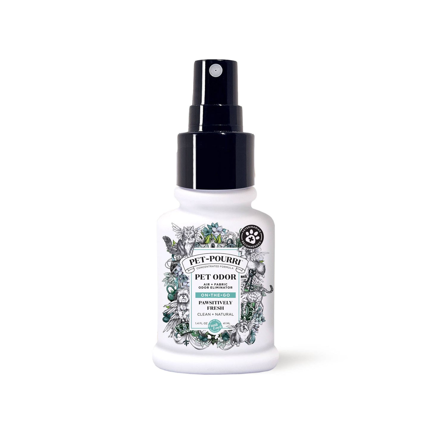 A 1.4oz white spray bottle labeled Pet~Pourri Pawsitively Fresh Air+Fabric Odor Refresher features black and green floral designs, a black cap, and paw print logo. It uses pet-safe essential oils, promising natural ingredients and a fresh scent. Brand: ~Pourri.