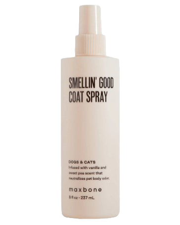 A beige spray bottle labeled Smellin Good Coat Spray for Dogs & Cats by maxbone, infused with Vanilla & Sweet Pea to neutralize pet odors and keep your furry friend smelling fresh.