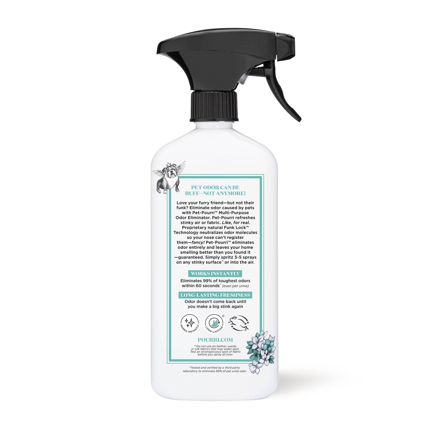 The Pet~Pourri Pawsitively Fresh Air+Fabric Odor Refresher 16oz by ~Pourri features a black trigger cap, removes pet odors from various surfaces, contains pet-friendly essential oils for home freshness, and includes a website address at the bottom of the bottle.