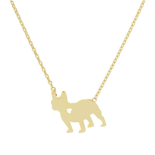 The Frenchie Love Necklace by Banks + Cove is a gold-tone piece ideal for any dog mom, featuring a bulldog silhouette pendant with a heart cutout on a delicate chain.