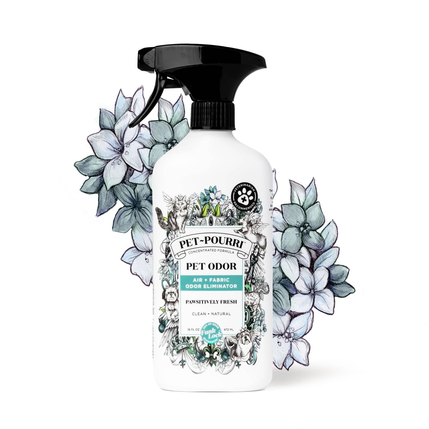 A bottle of Pet~Pourri Pawsitively Fresh Air+Fabric Odor Refresher 16oz is displayed. The label, featuring floral designs, promises a Pawsitively Fresh scent with pet-friendly essential oils to tackle odors. Illustrated flowers and leaves enhance the fresh air ambiance.