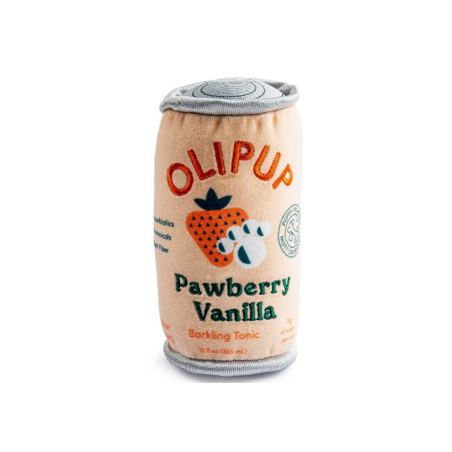 The Olipup - Pawberry Vanilla plush toy by Haute Diggity Dog resembles a soda can labeled Olipup Pawberry Vanilla Barking Tonic, decorated with strawberries and paw prints. Its light orange with gray ends, infused with Pawtanicals, making it a delightful treat for your furry friend.